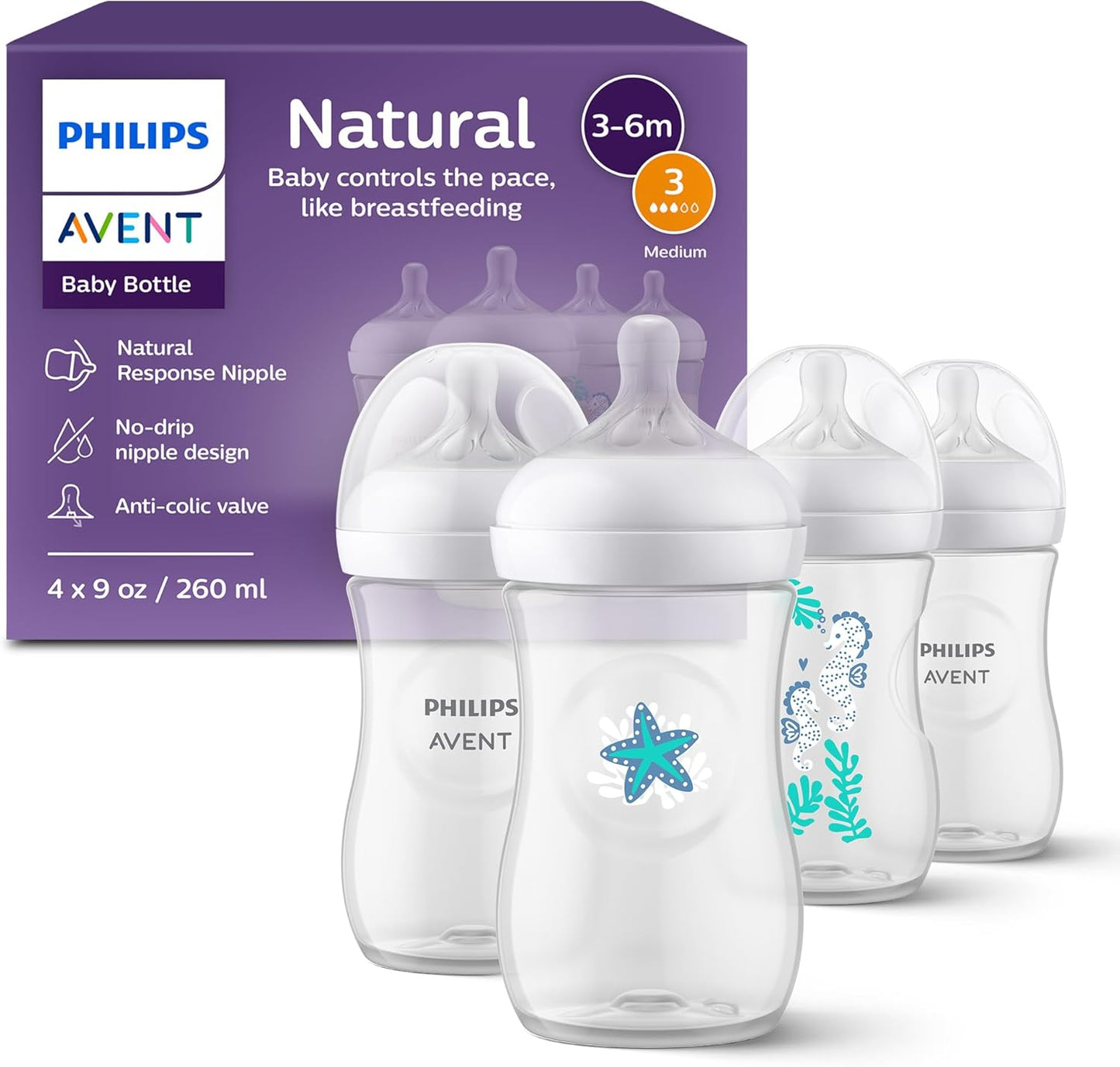 Philips Avent Natural Baby Bottle with Natural Response , with Sea Design, 9oz, 4pk, SCY903/68